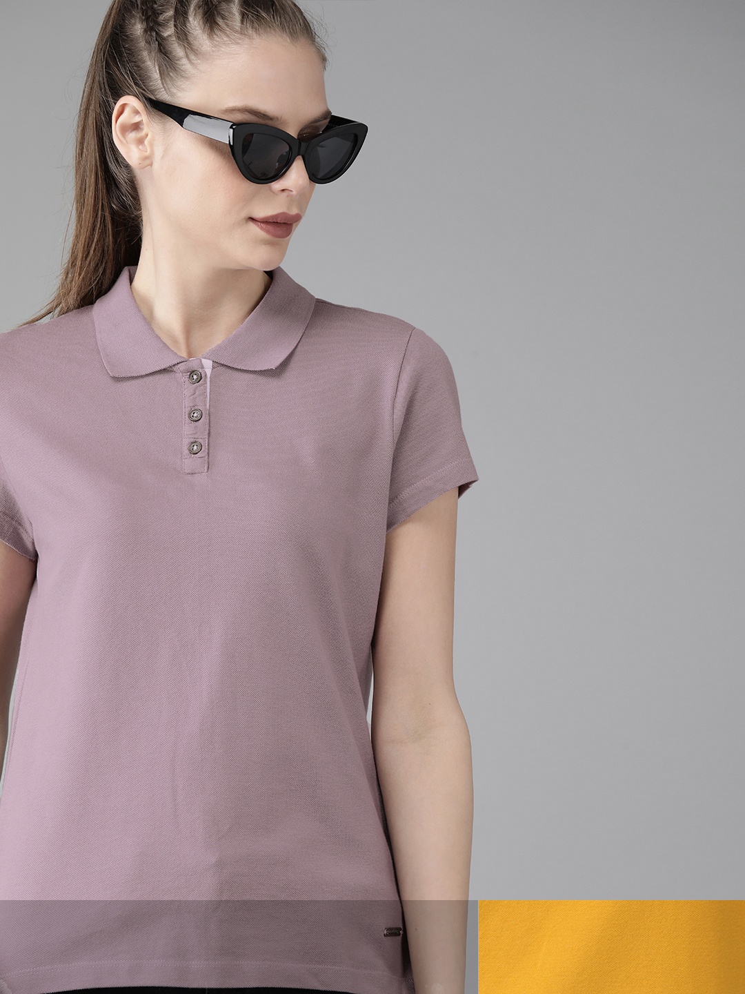 

Roadster Women Pack of 2 Pure Cotton Solid Polo Collar T-shirts, Mustard