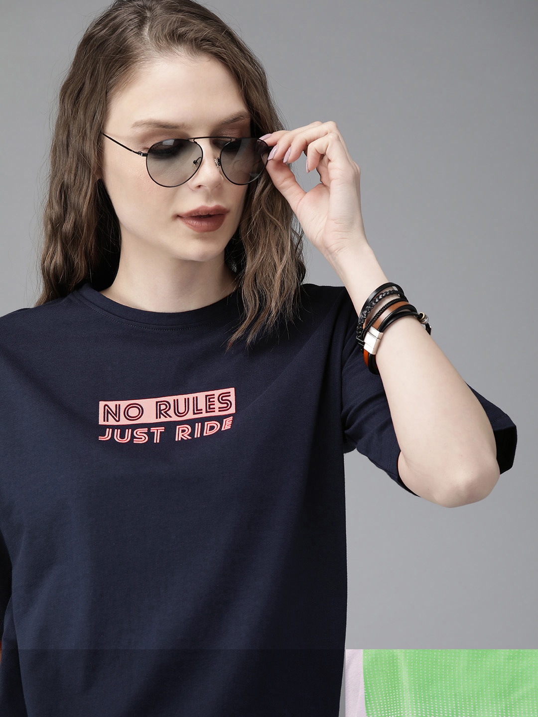 

Roadster Women Pack of 2 Pure Cotton Drop-Shoulder Sleeves T-shirts, Navy blue
