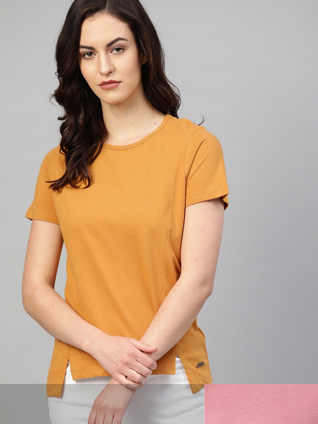 

Roadster Women Pack of 2 Solid Pure Cotton T-shirts, Mustard