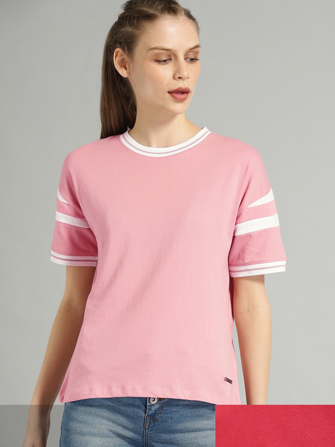 

Roadster Women Pack of 2 Solid Pure Cotton Tshirts, Pink