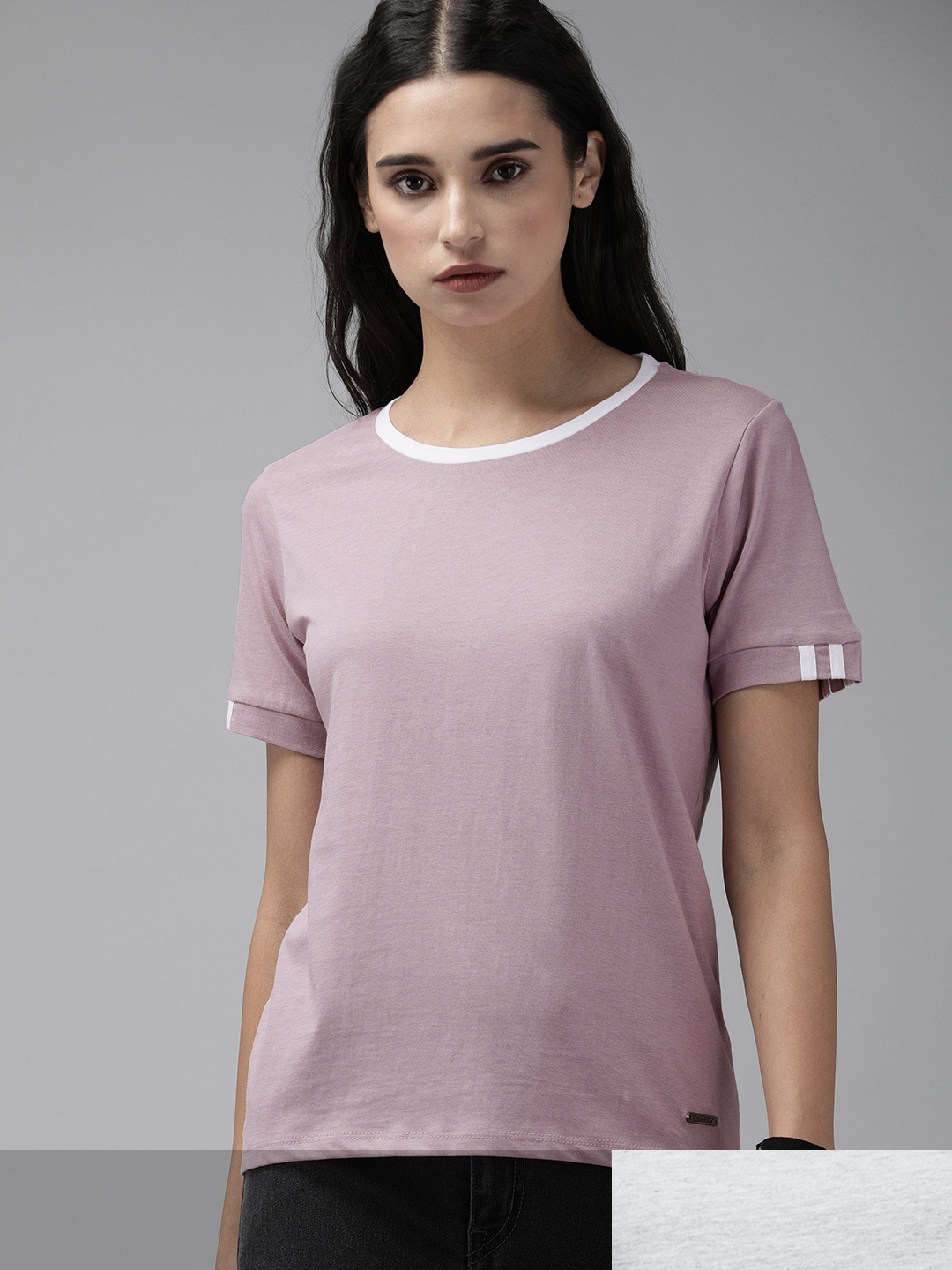 

Roadster Women Pack of 2 Pure Cotton Solid T-shirts, Lavender