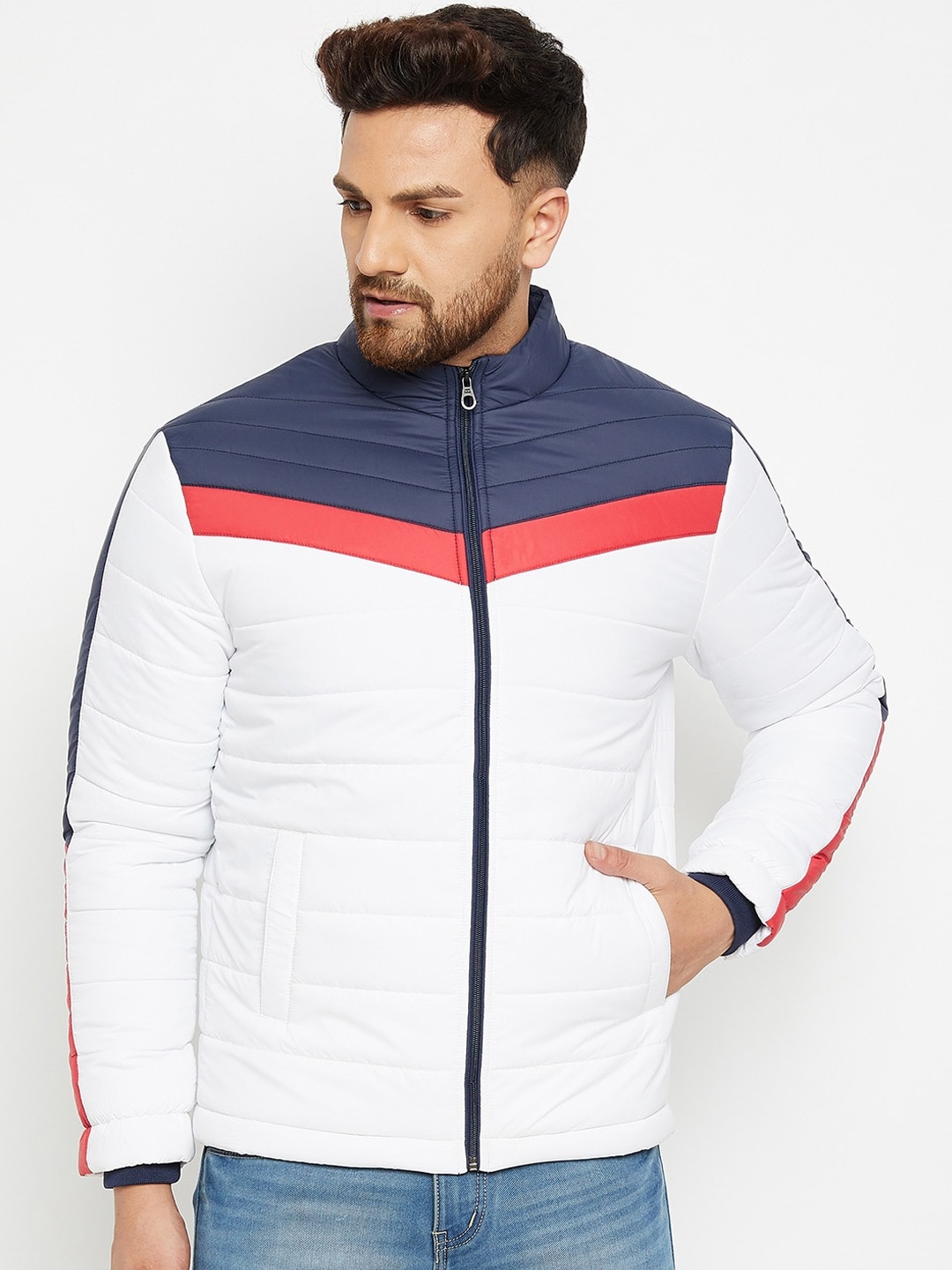 

Camey Men White Blue Colourblocked Lightweight Padded Jacket