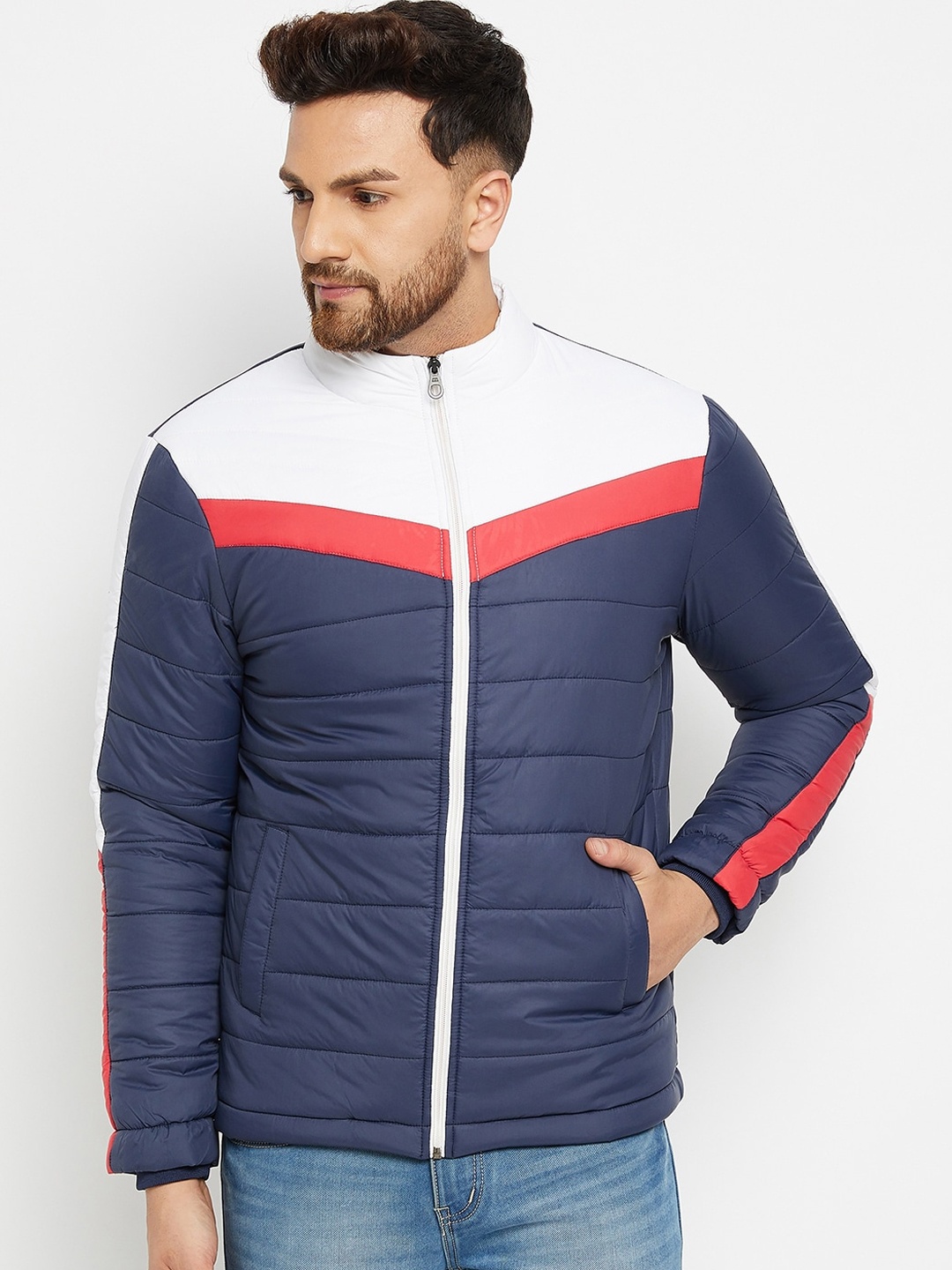 

Camey Men Navy Blue Colourblocked Lightweight Puffer Jacket