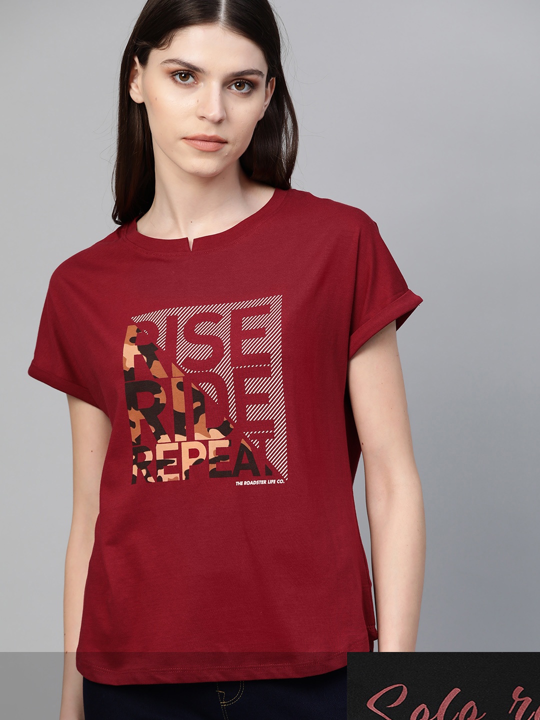 

Roadster Women Pack of 2 Pure Cotton Printed T-shirts, Maroon