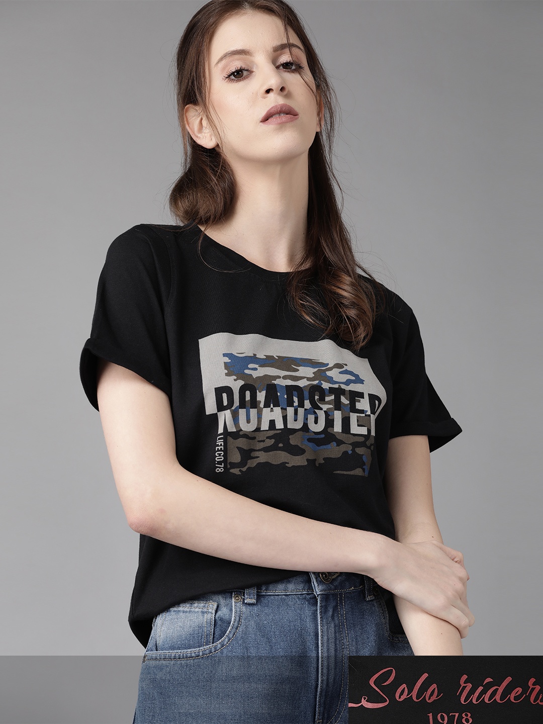 

Roadster Women Pack of 2 Pure Cotton Printed T-shirts, Black