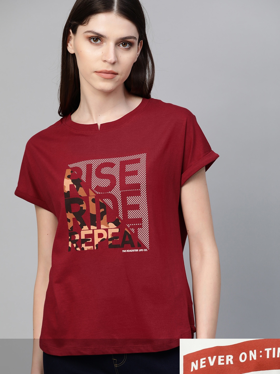 

Roadster Women Pack of 2 Pure Cotton Printed T-shirts, Maroon