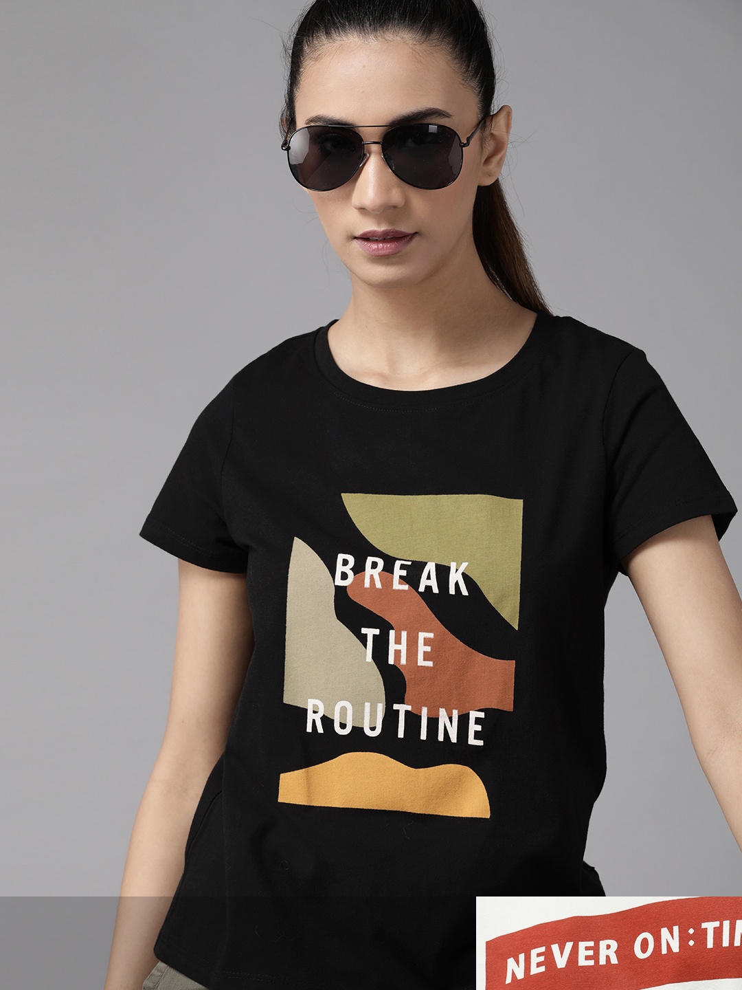

Roadster Women Pack of 2 Pure Cotton Printed T-shirts, Black