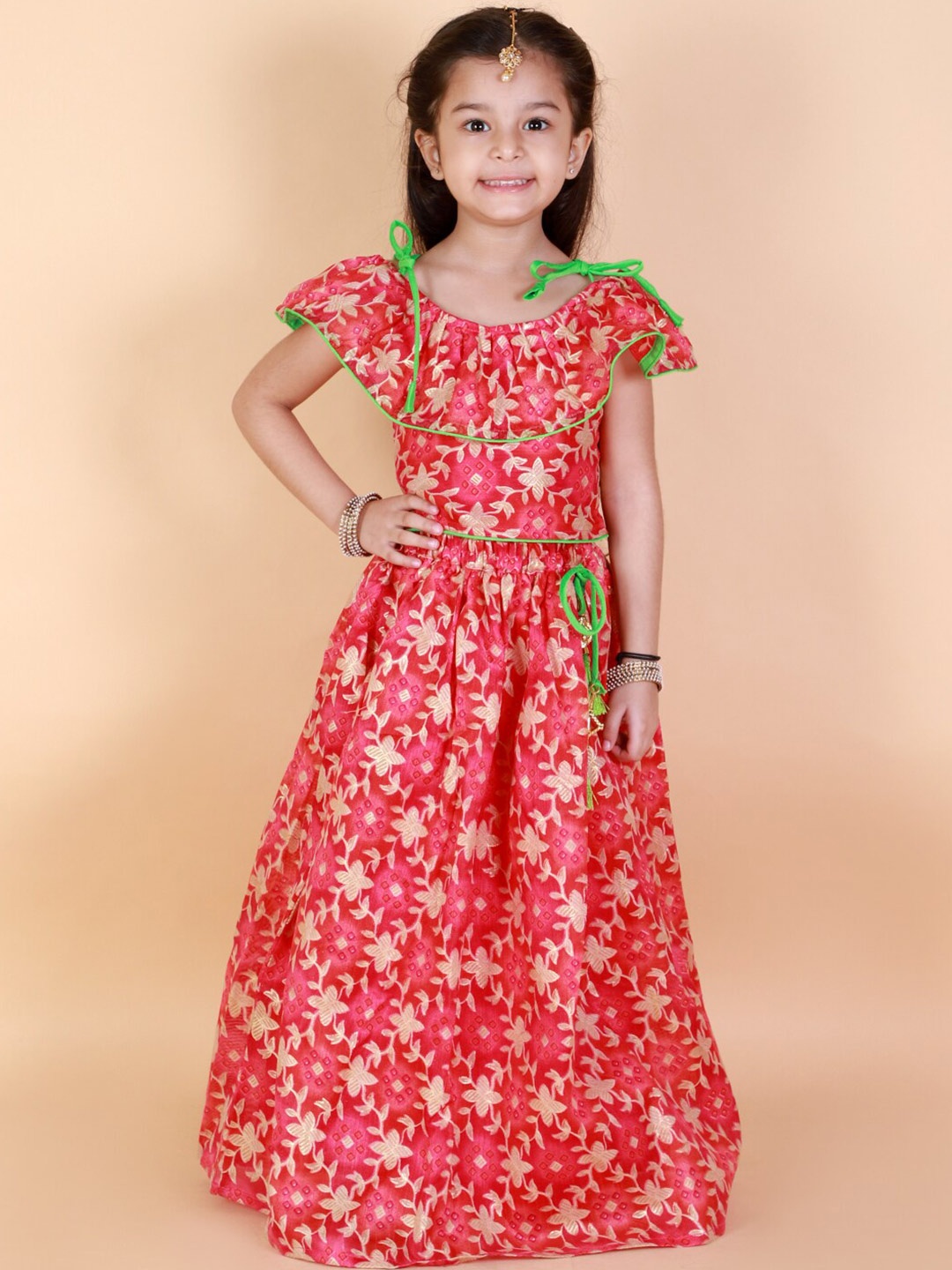 

KID1 Girls Pink & Gold-Toned Floral Printed Ready to Wear Silk Pavda Pattu