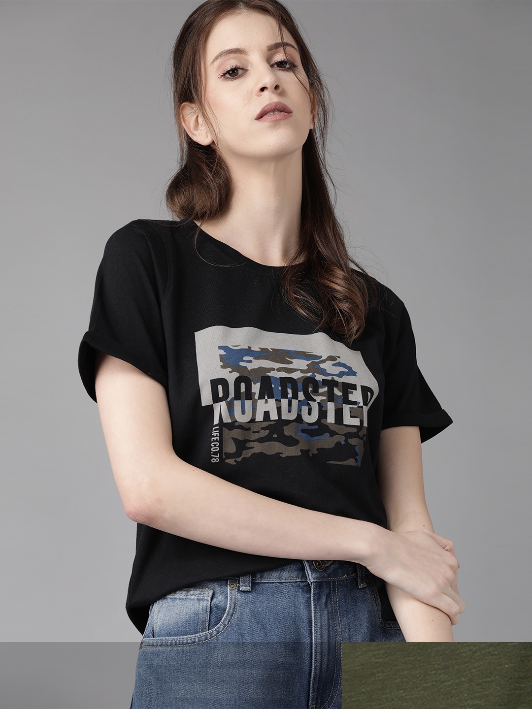 

Roadster Women Black & Olive Green Pack Of 2 Printed & Solid Regular Fit T-shirts