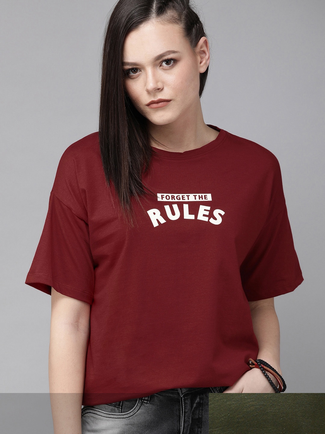 

Roadster Women Olive Green & Maroon Pack Of 2 Solid & Printed Round Neck T-shirts