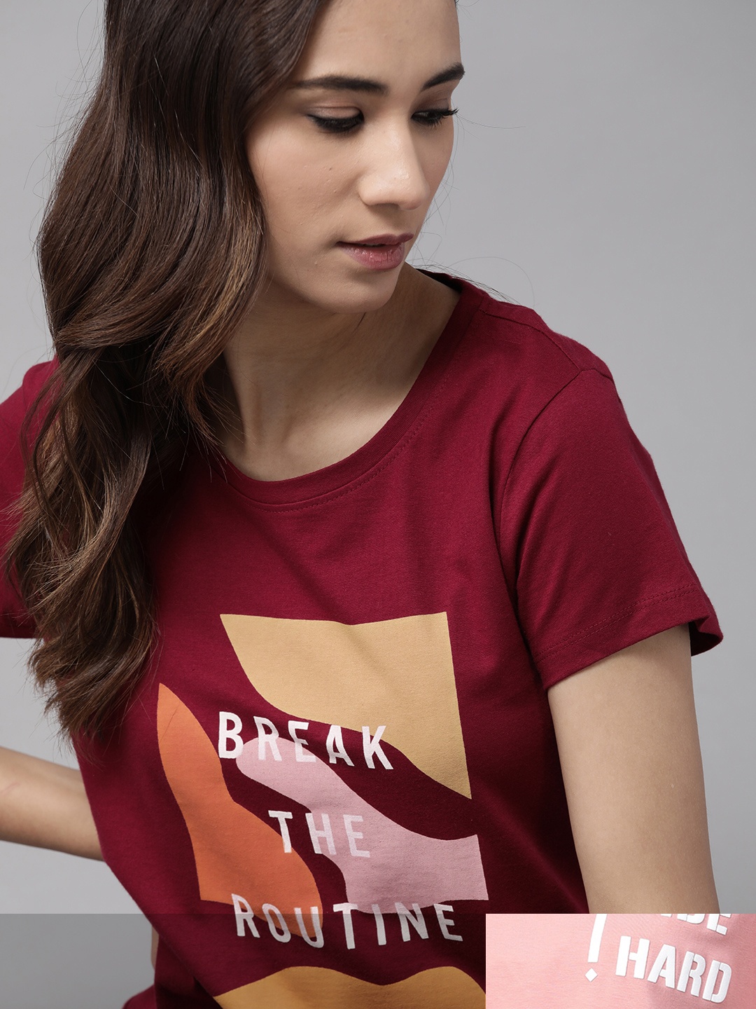 

Roadster Women Maroon & Dusty Pink Pack Of 2 Typography Print Round Neck T-shirts