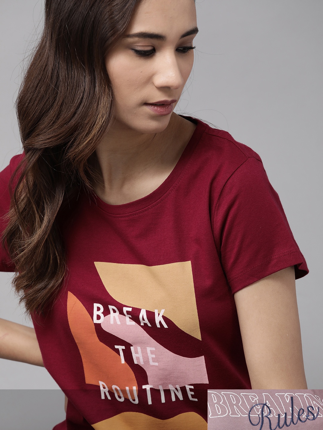 

Roadster Women Mauve Pink & Maroon Pack Of 2 Typography Print Round Neck T-shirts