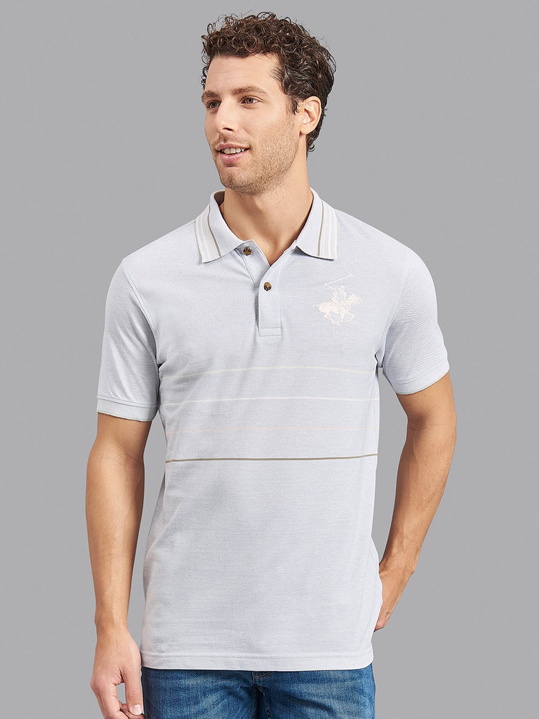 

Beverly Hills Polo Club Men Grey Striped Polo Collar Cotton T-shirt