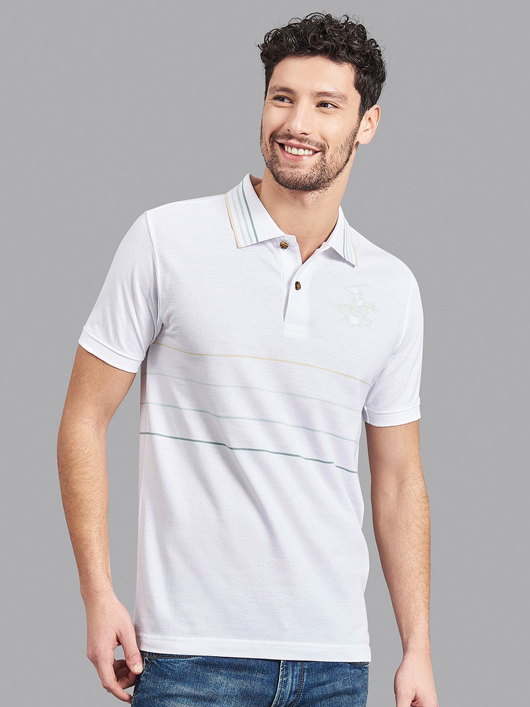 

Beverly Hills Polo Club Men White Striped Polo Collar T-shirt