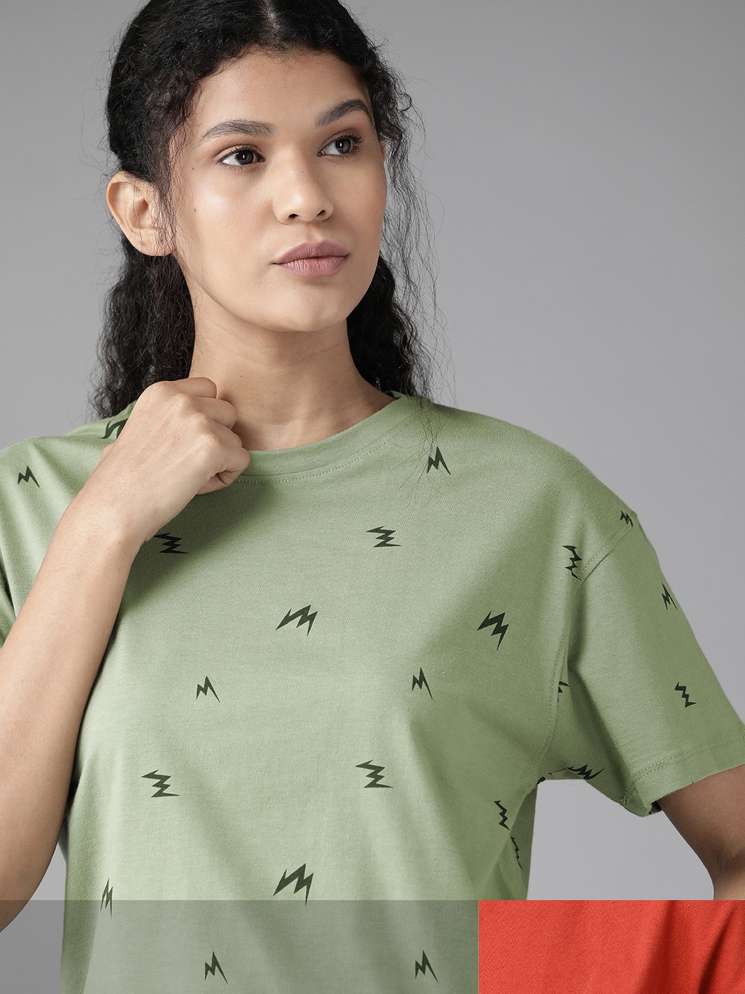 

Roadster Women Rust Brown & Green Pack Of 2 Printed Round Neck T-shirts