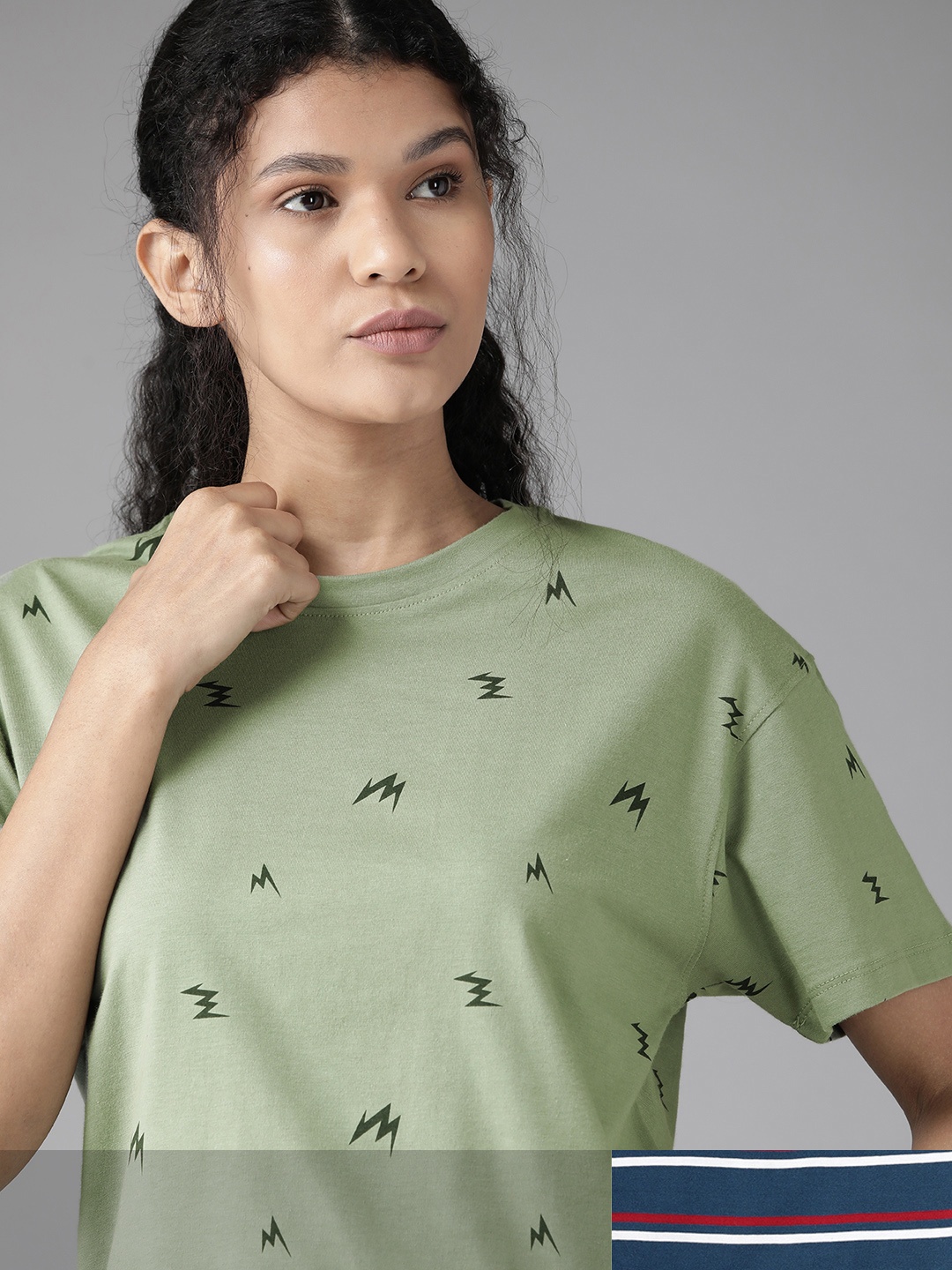 

Roadster Women Navy Blue & Green Pack Of 2 Striped & Printed Round Neck T-shirts