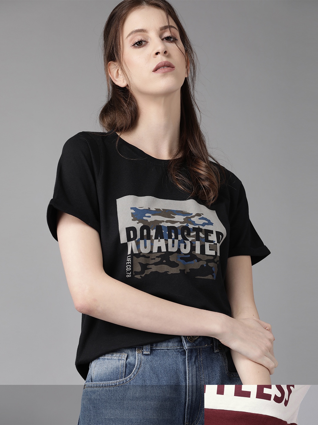 

Roadster Women Black & Maroon Pack Of 2 Printed Round Neck Regular Fit T-shirts