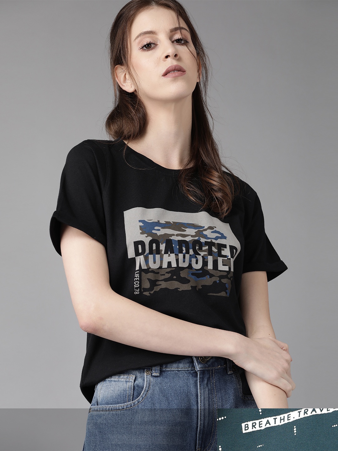 

Roadster Women Black & Teal Blue Pack Of 2 Printed Round Neck Regular Fit T-shirts