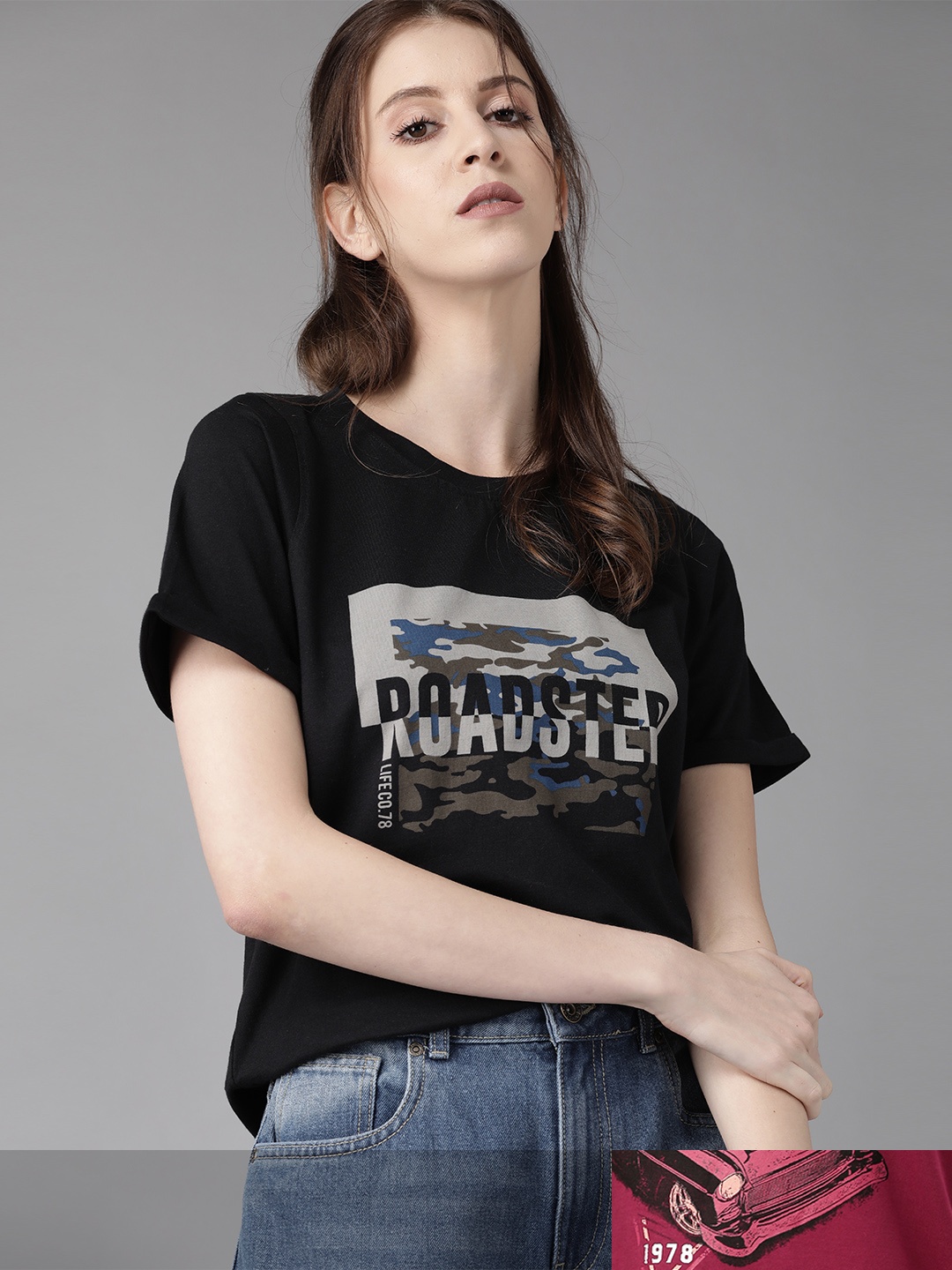 

Roadster Women Black & Burgundy Pack Of 2 Printed Round Neck Regular Fit T-shirts
