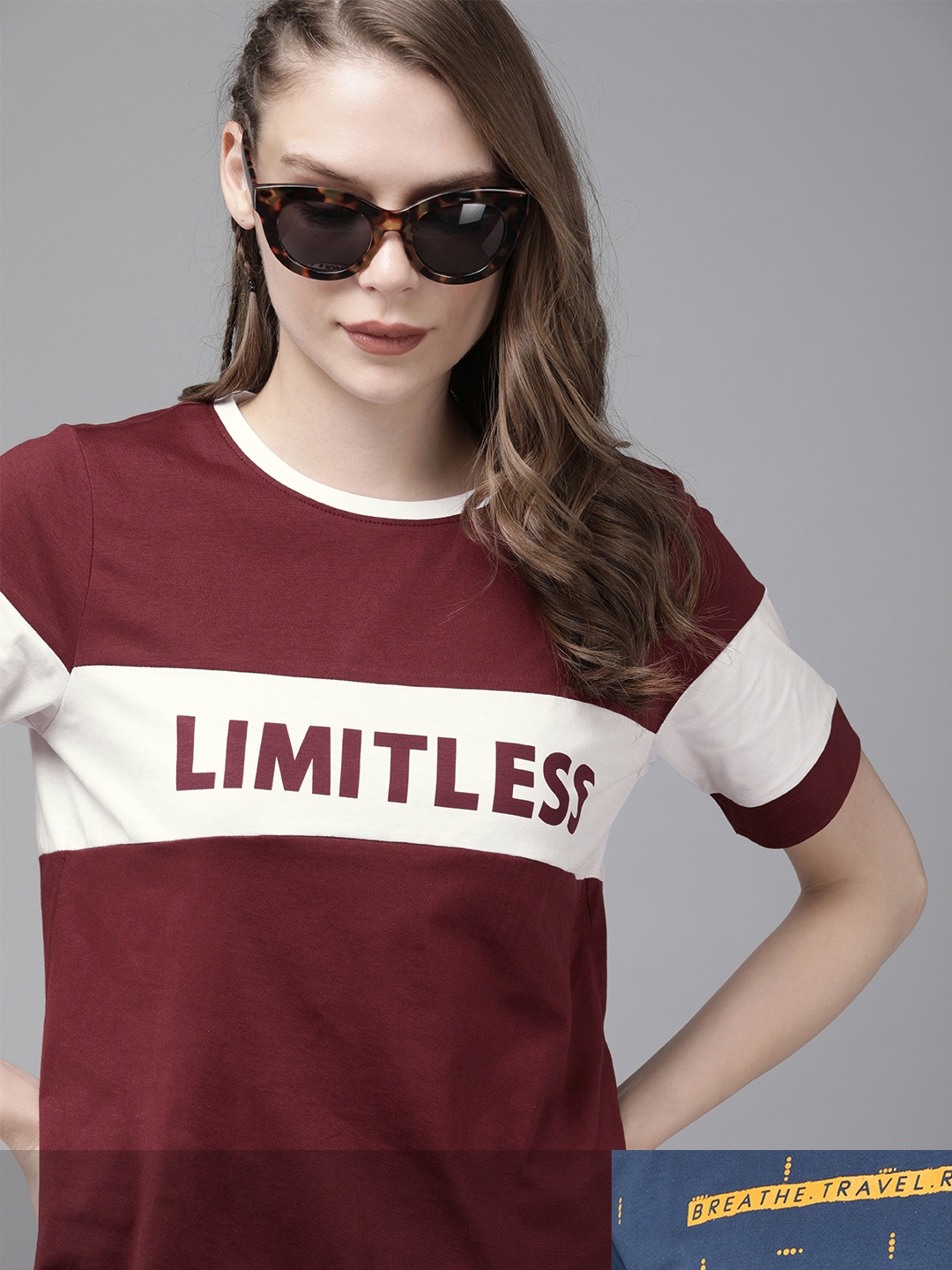 

Roadster Women Navy Blue & Maroon Pack Of 2 Printed Round Neck Regular Fit T-shirts