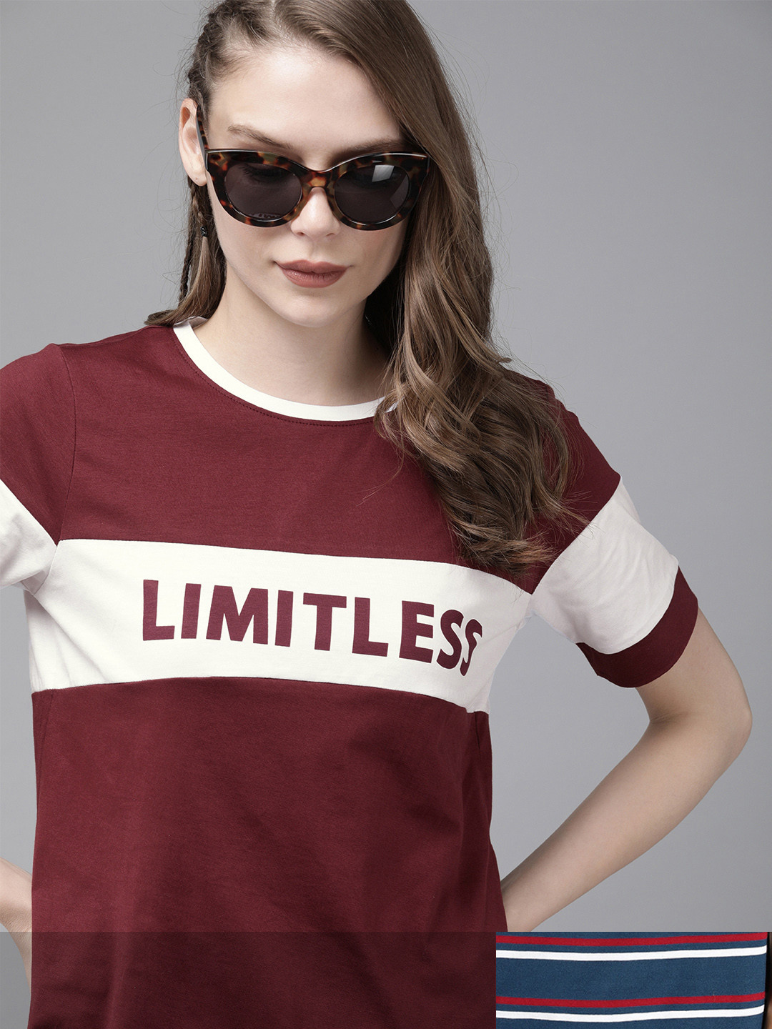 

Roadster Women Navy Blue & Maroon Pack Of 2 Striped & Printed Round Neck T-shirts