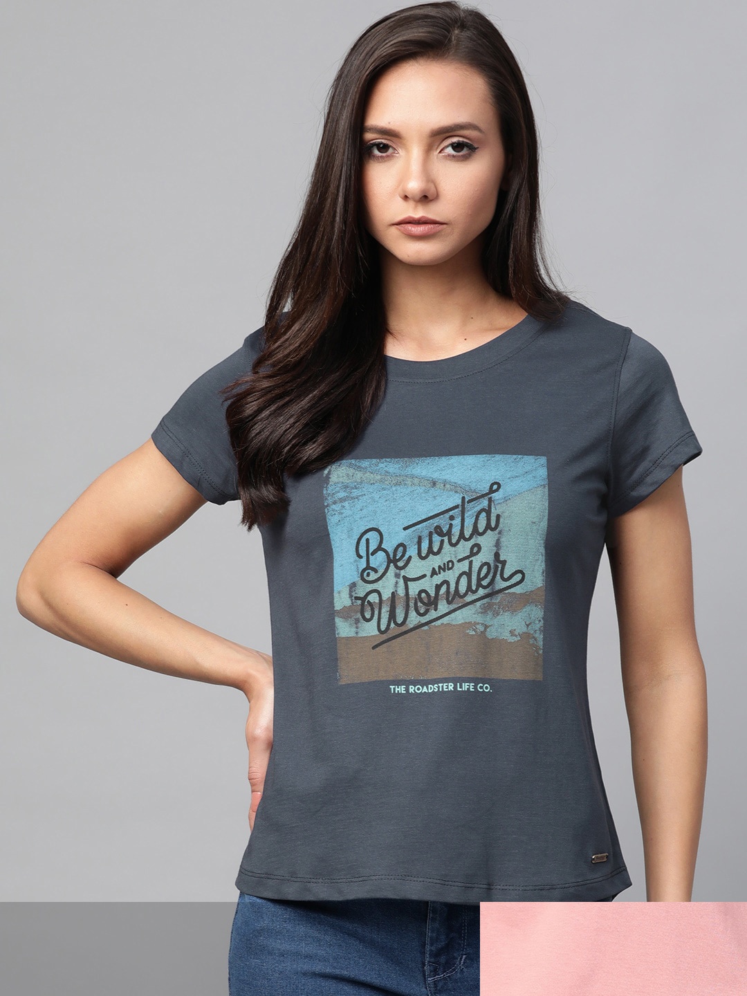 

Roadster Women Blue & Pink Pack Of 2 Typography Print Round Neck T-shirts