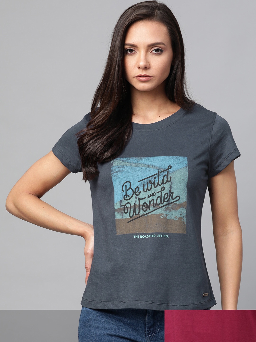 

Roadster Women Burgundy & Blue Pack Of 2 Printed Round Neck Regular Fit T-shirts