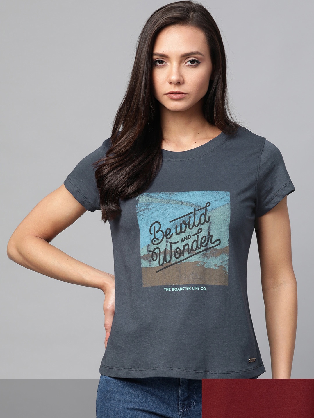 

Roadster Women Blue & Maroon Pack Of 2 Typography Print Round Neck T-shirts