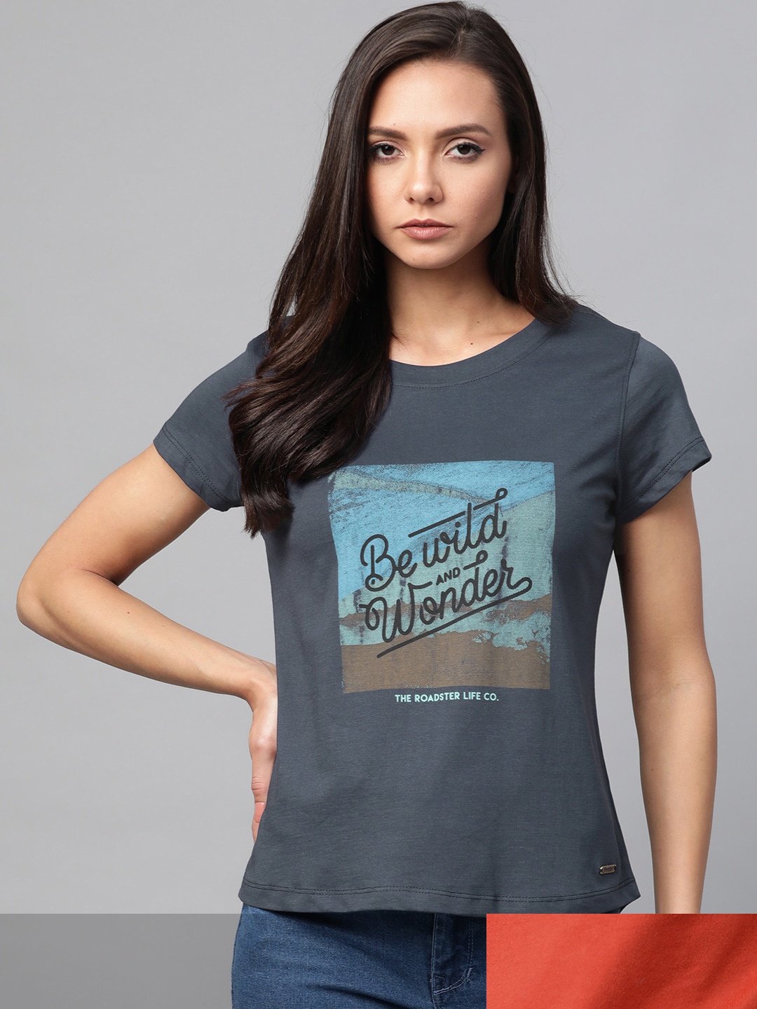 

Roadster Women Rust Brown & Blue Pack Of 2 Printed Round Neck Knitted T-shirts