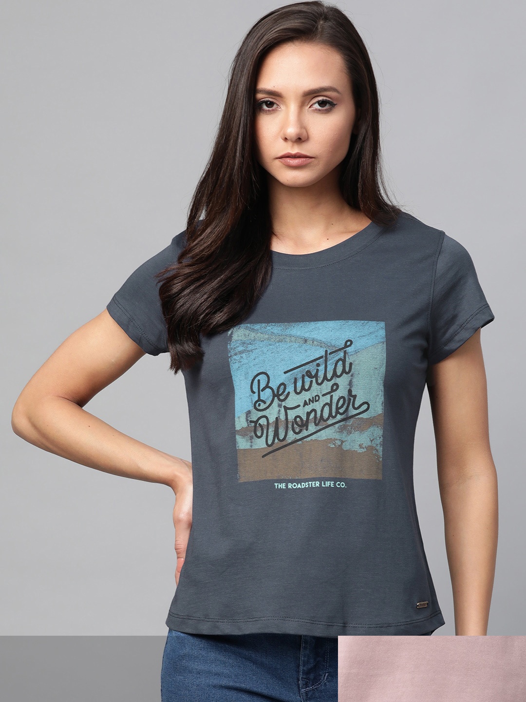 

Roadster Women Pink & Blue Pack Of 2 Typography Printed Round Neck Regular Fit T-shirts