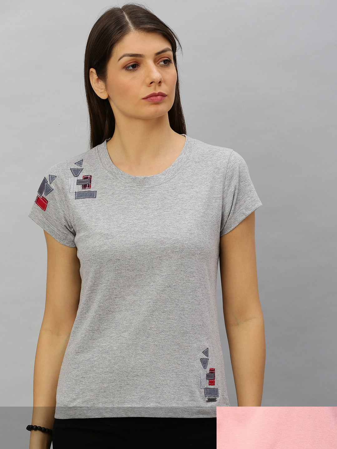 

Roadster Women Grey Melange & Pink Pack Of 2 Solid & Printed Round Neck T-shirts