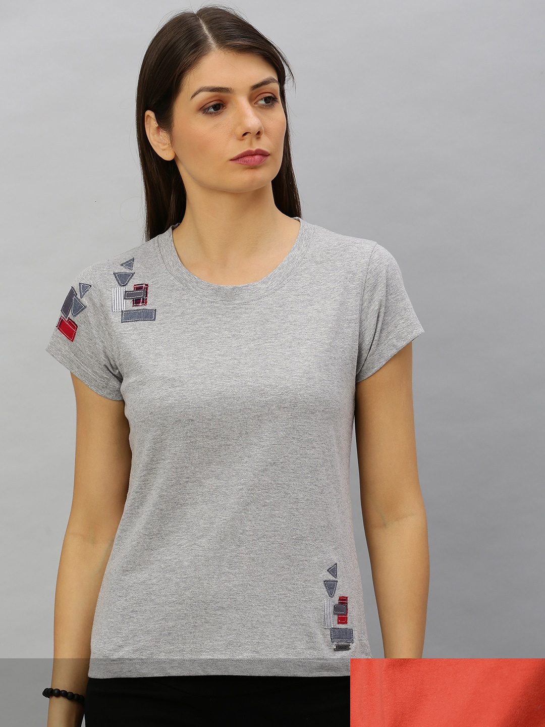 

Roadster Women Rust Brown & Grey Melange Pack Of 2 Printed & Solid Round Neck T-shirts