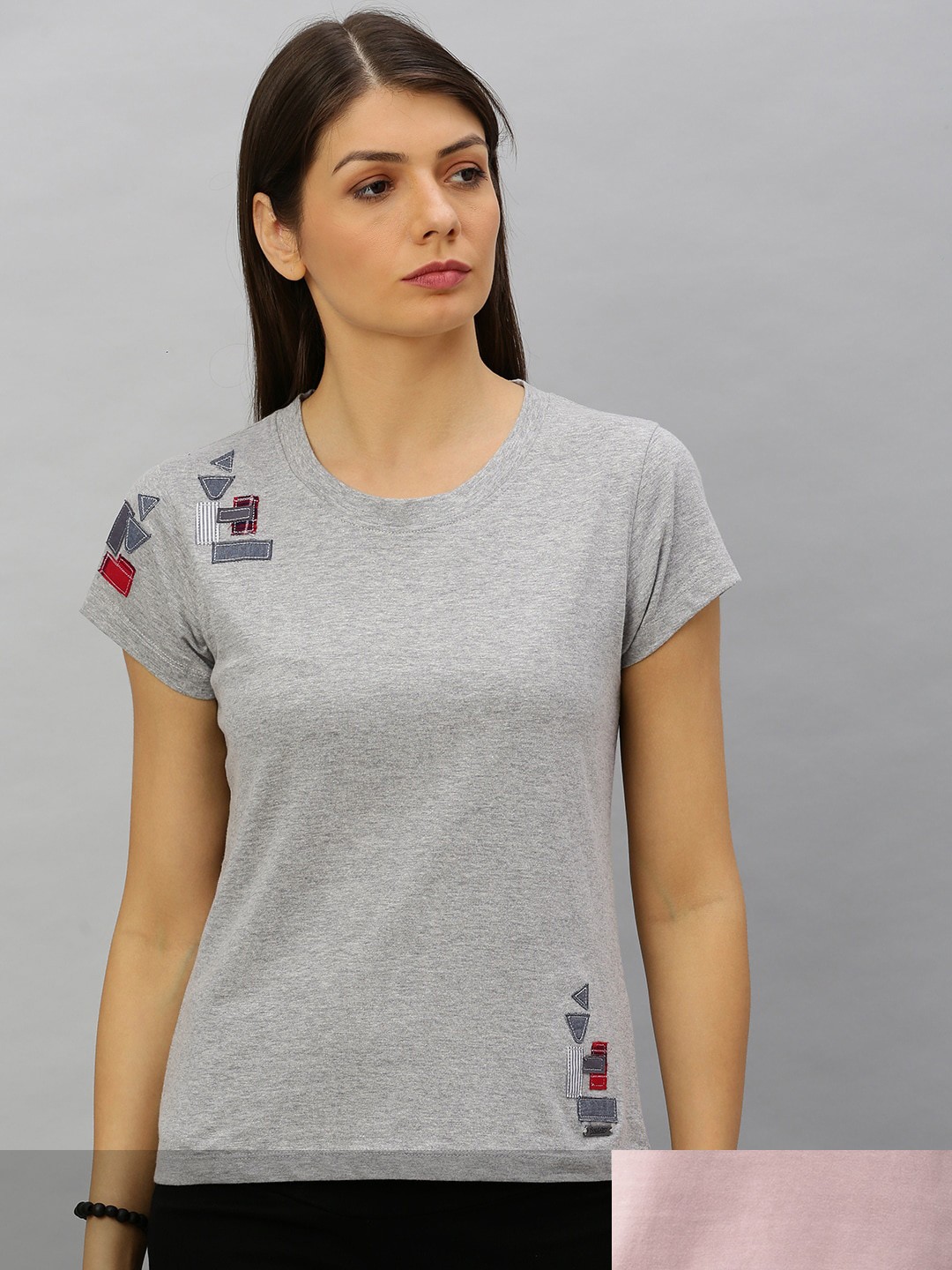 

Roadster Women Grey Melange & Dusty Pink Pack Of 2 Solid & Printed Regular Fit T-shirts