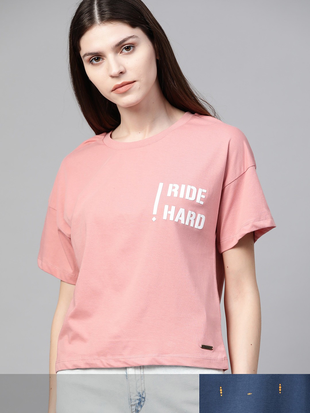 

Roadster Women Navy Blue & Dusty Pink Pack Of 2 Printed Round Neck T-shirts