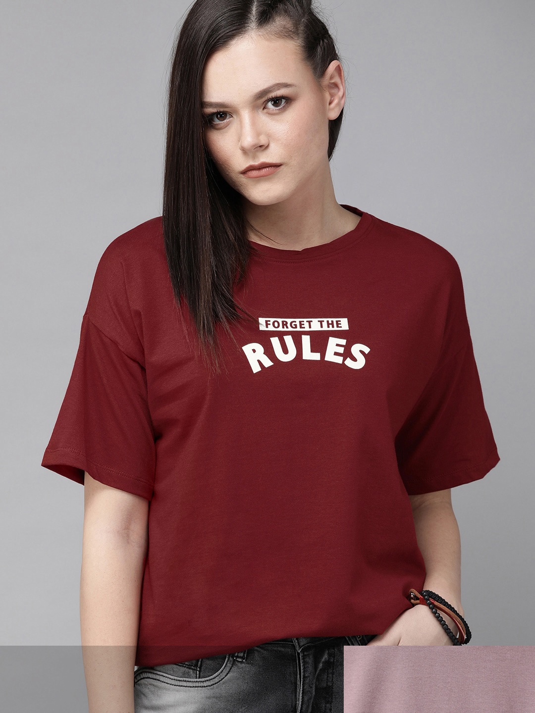 

Roadster Women Mauve Pink & Maroon Pack Of 2 Typography Print Pure Cotton T-shirts