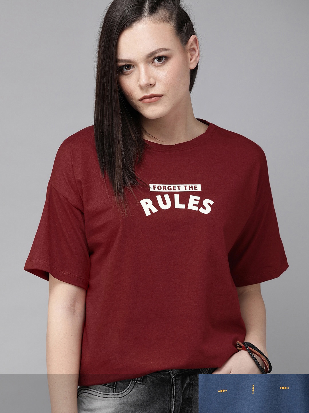 

Roadster Women Navy Blue & Maroon Pack Of 2 Printed Round Neck T-shirts