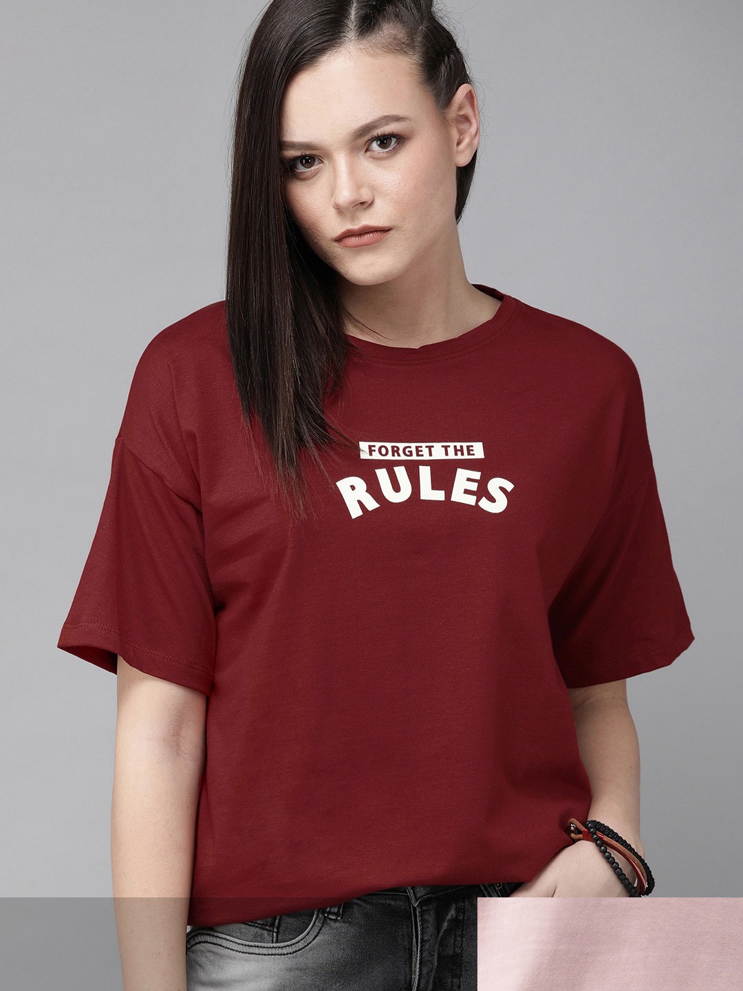 

Roadster Women Dusty Pink & Maroon Pack Of 2 Typography Print Pure Cotton T-shirts