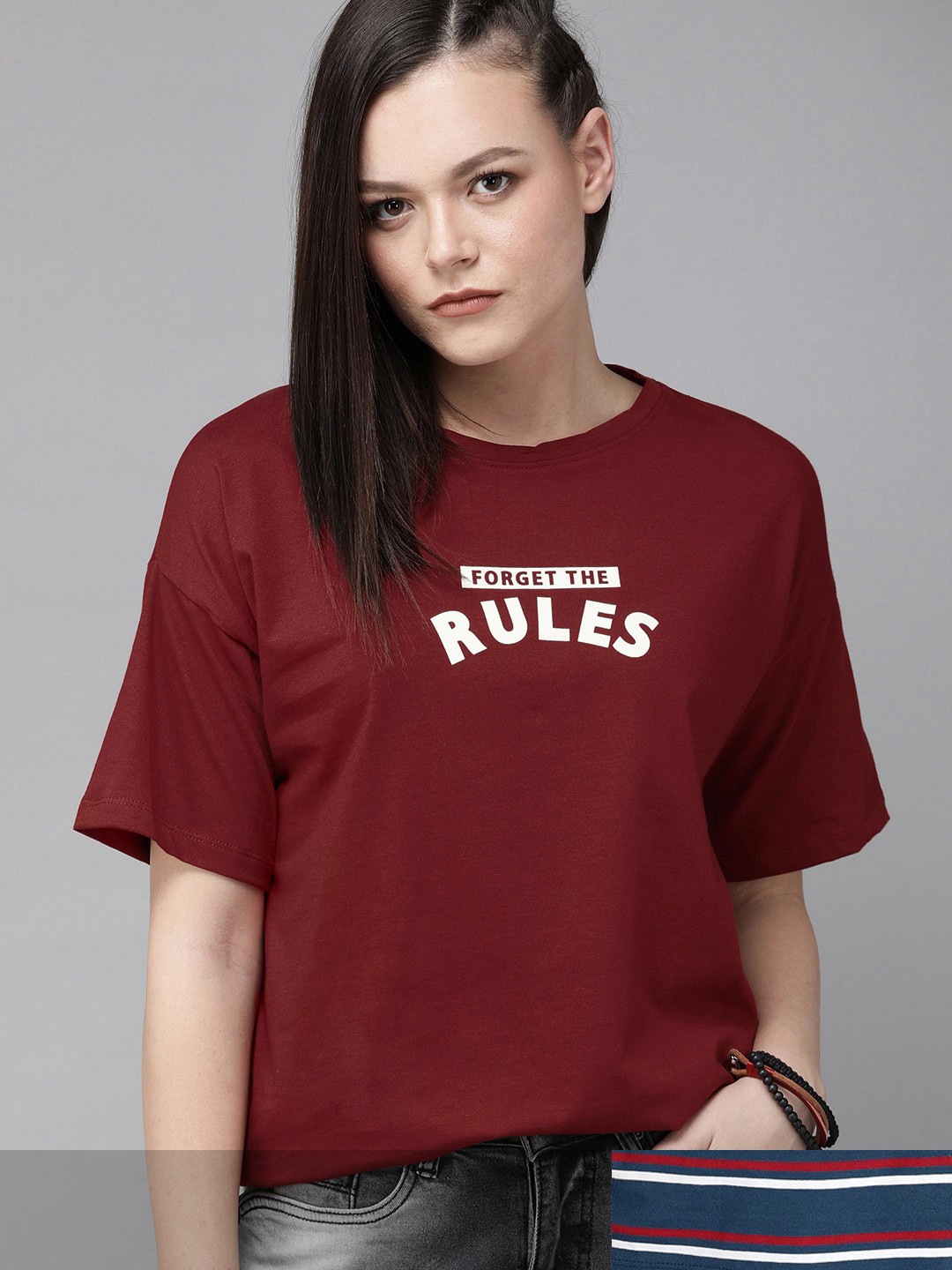 

Roadster Women Navy Blue & Maroon Pack Of 2 Striped & Printed Round Neck T-shirts