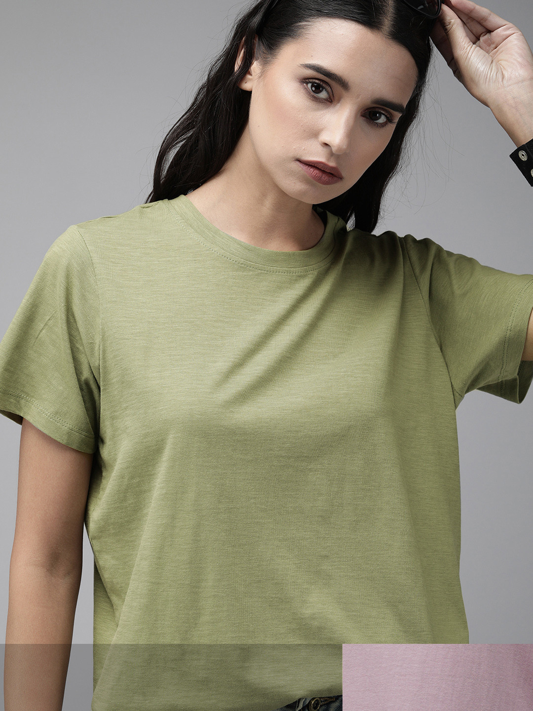 

Roadster Women Pack of 2 Solid T-shirts, Olive