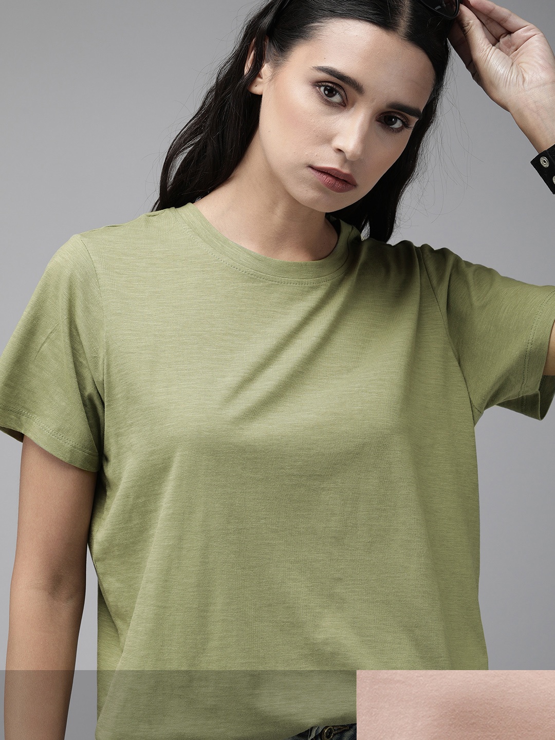 

Roadster Women Pack of 2 Solid T-shirts, Olive