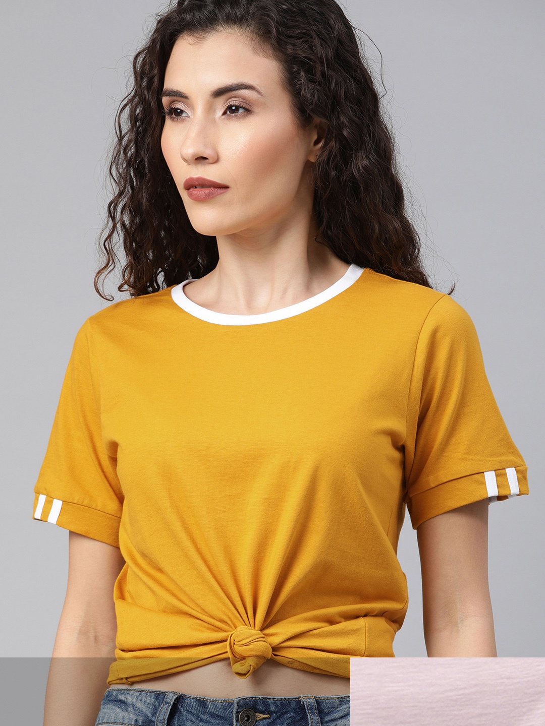

Roadster Women Pack of 2 Pure Cotton Solid T-shirts, Mustard