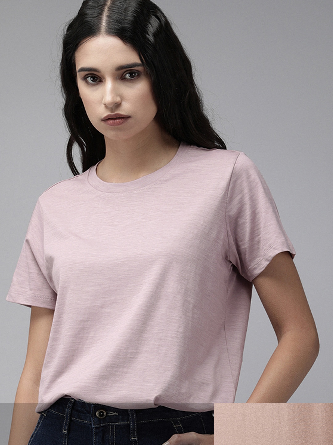

Roadster Women Pack of 2 Pure Cotton Solid T-shirts, Mauve