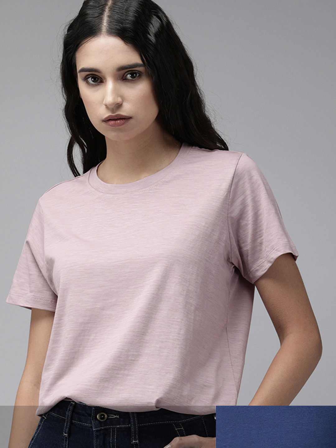 

Roadster Women Pack of 2 Pure Cotton Solid T-shirts, Mauve