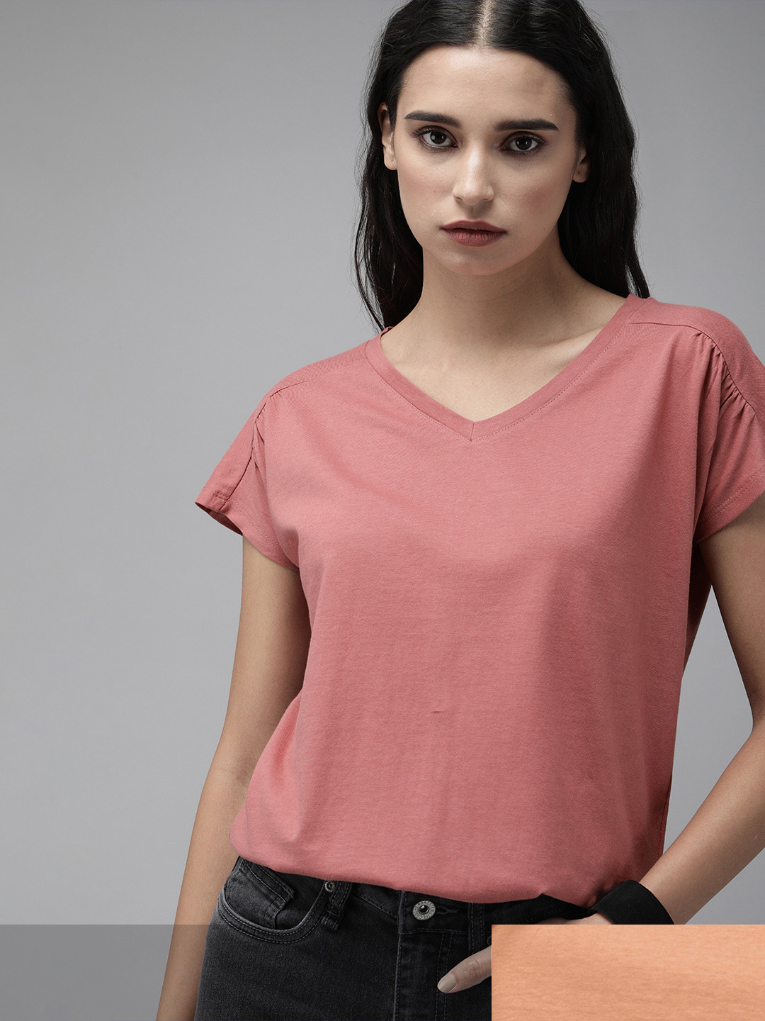 

Roadster Women Pack of 2 Pure Cotton Solid T-shirts, Orange