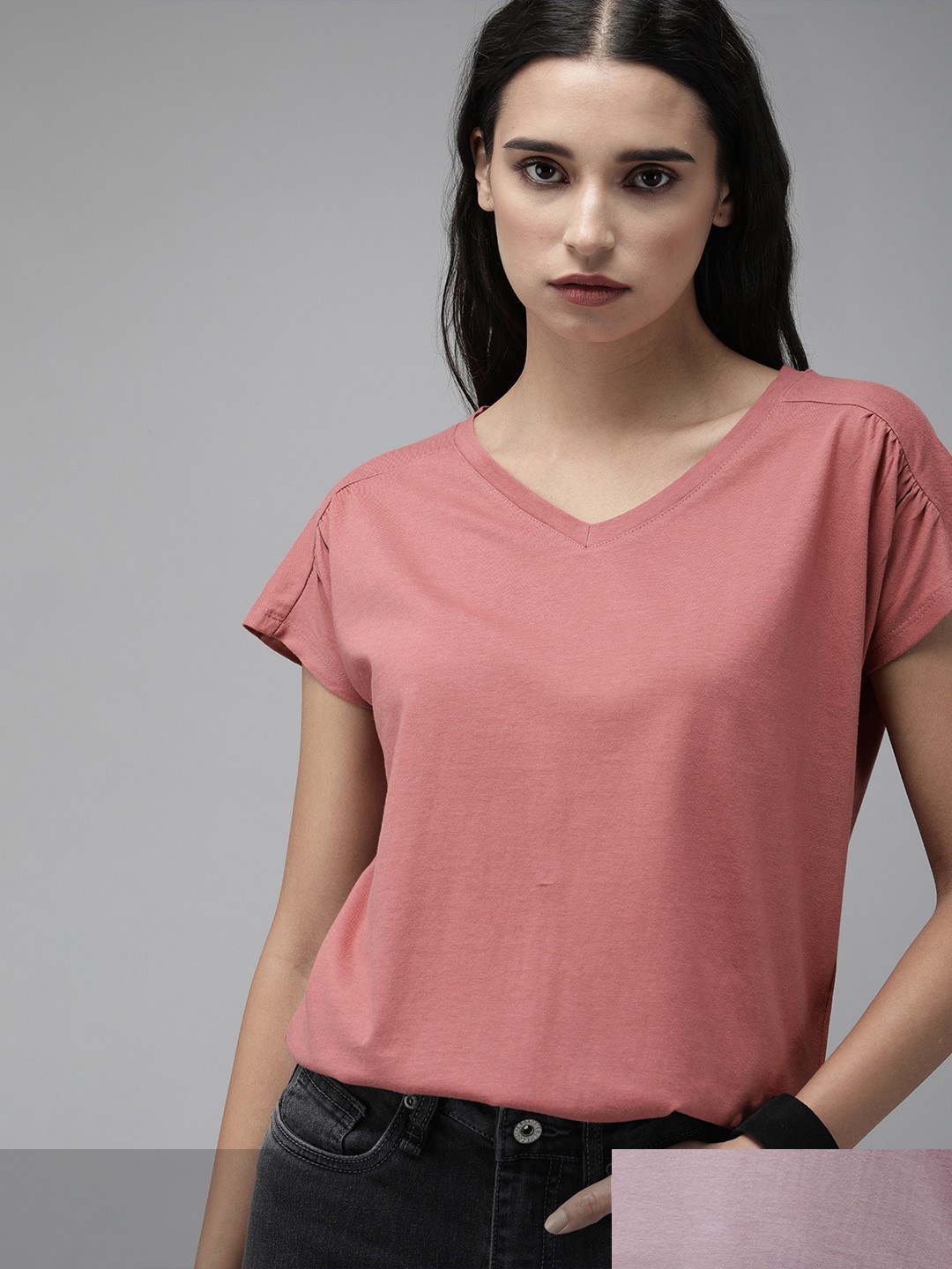 

The Roadster Lifestyle Co Women Set Of 2 Solid Round Neck Pure Cotton T-shirt, Rose