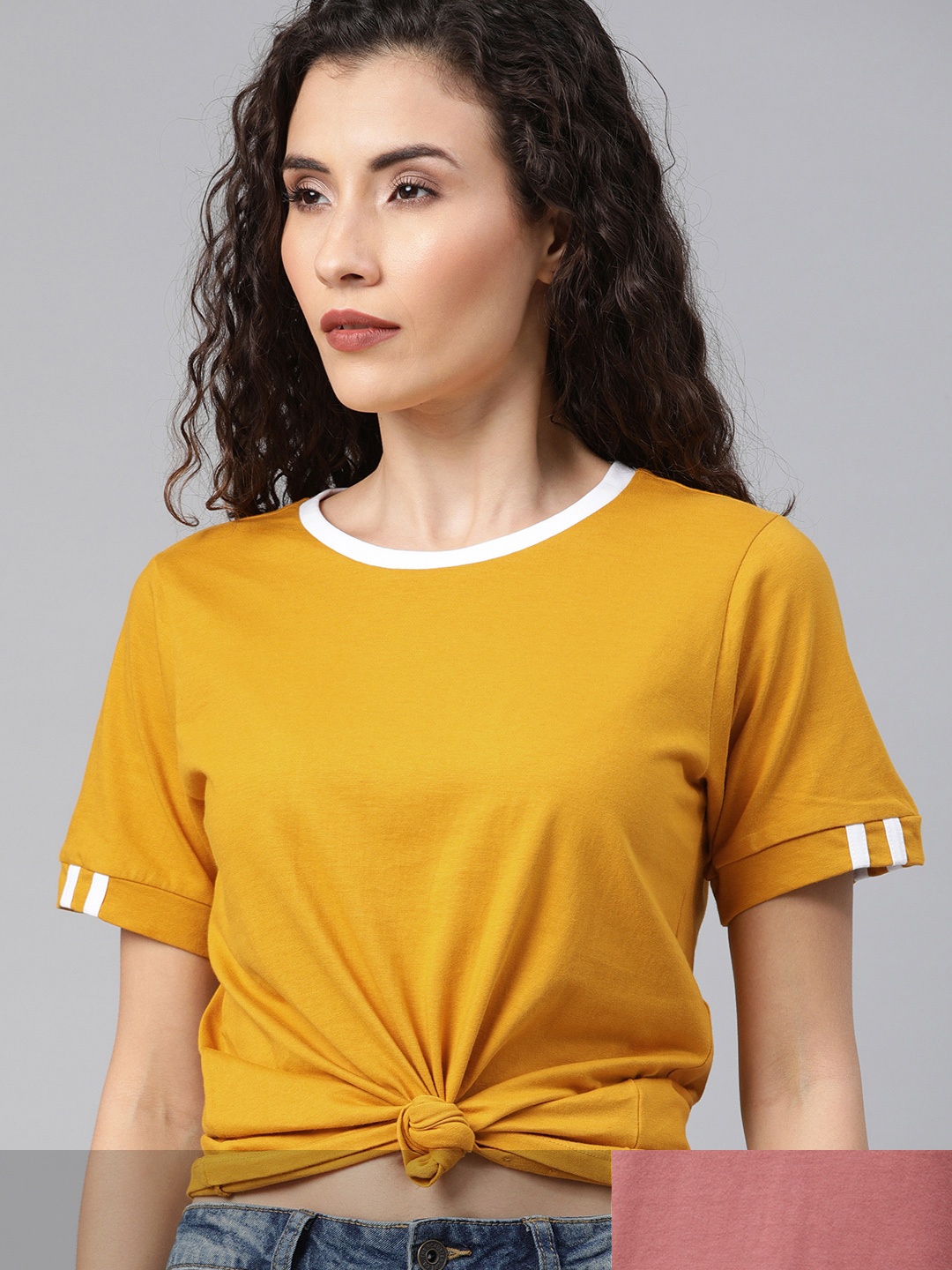

The Roadster Lifestyle Co Women Set Of 2 Solid Pure Cotton T-shirt, Mustard