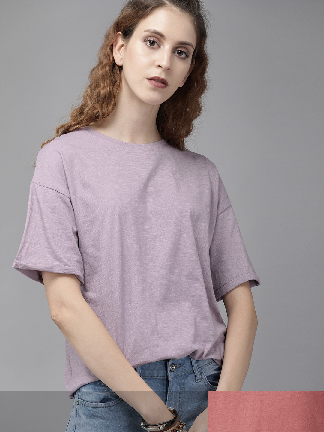 

The Roadster Lifestyle Co Women Set Of 2 Solid Pure Cotton T-shirt, Lavender