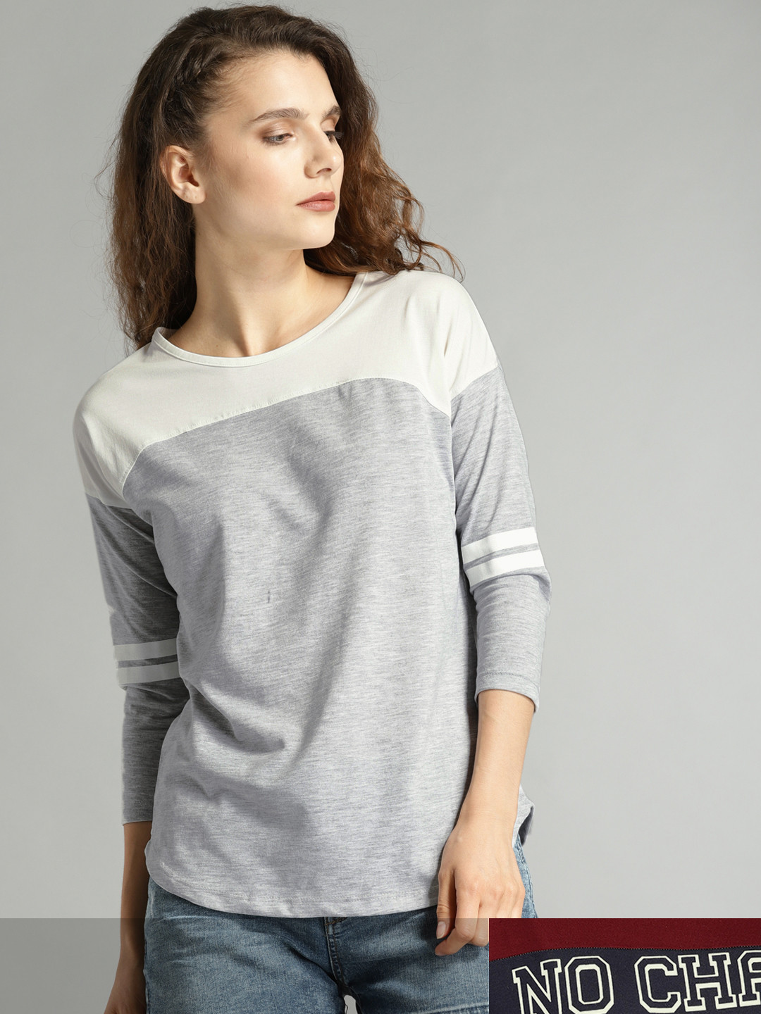 

Roadster Women Pack of 2 Colourblocked Cotton T-shirts, Grey melange