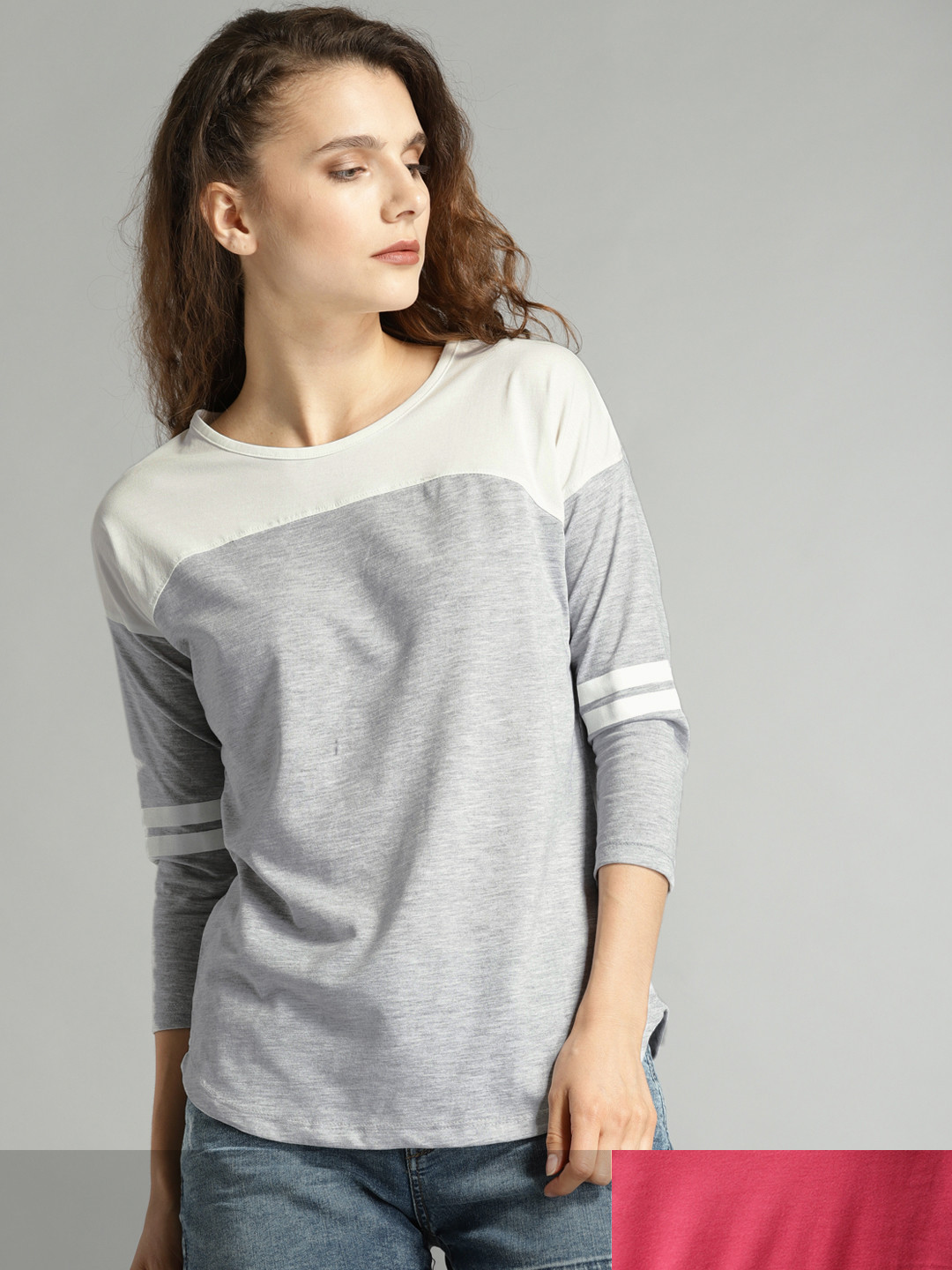 

Roadster Women Pack of 2 Pure Cotton Colourblocked T-shirts, Grey