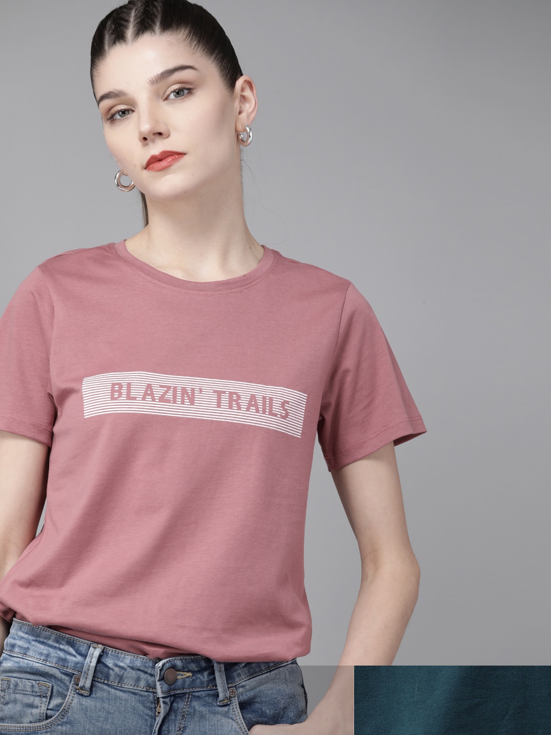 

Roadster Women Pack of 2 Pure Cotton Typography Print T-shirts, Teal